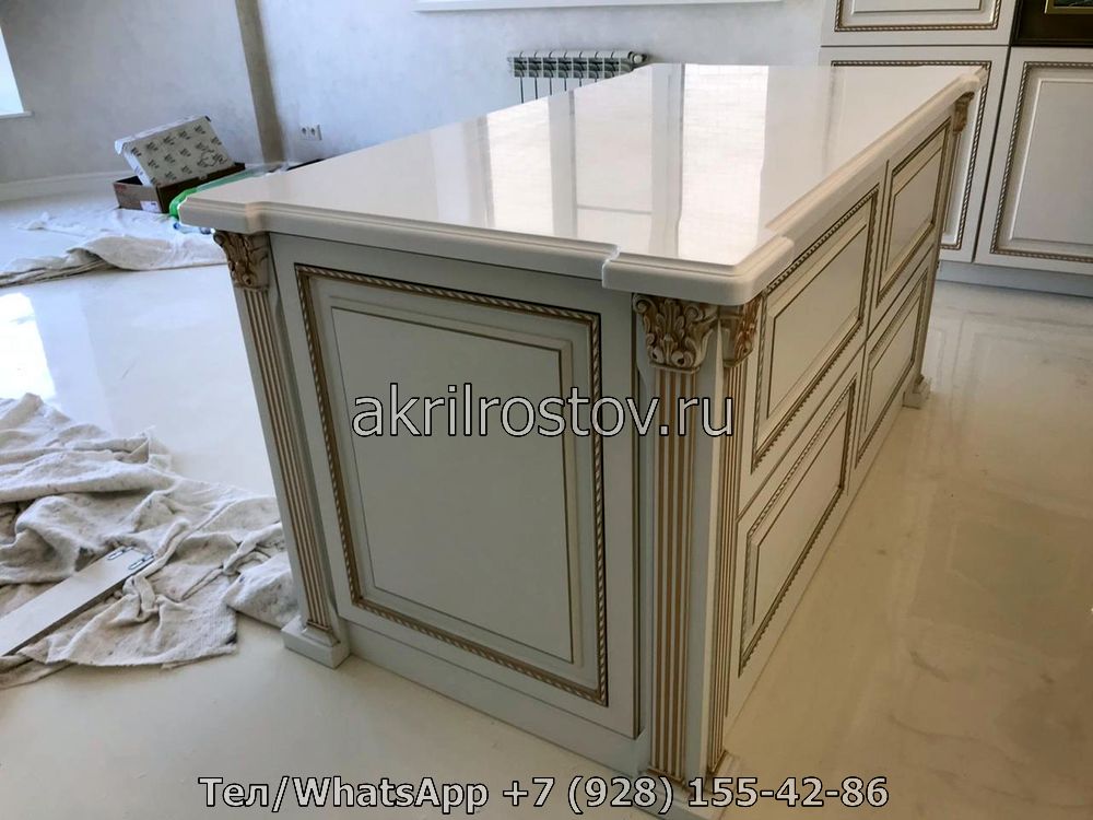 Изготовление белой глянцевой акриловой столешницы по индивидуальным размерам Современная акриловая столешница белого цвета с глянцевой поверхностью на заказ
