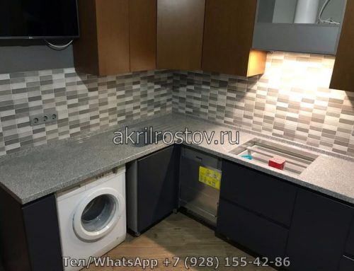 Светло-серая угловая столешница из акрилового камня на заказ для кухни: цена